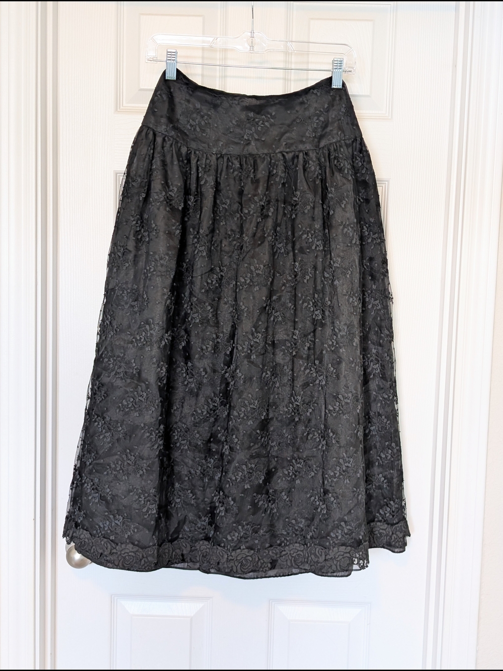 Vintage Victor Costa Elegant Black Lace Sheer Overlay Midi Skirt - XS